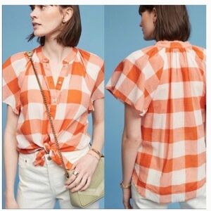Anthropologie Maeve Orange Buffalo Plaid Button Down Short Sleeve Top. Size XS